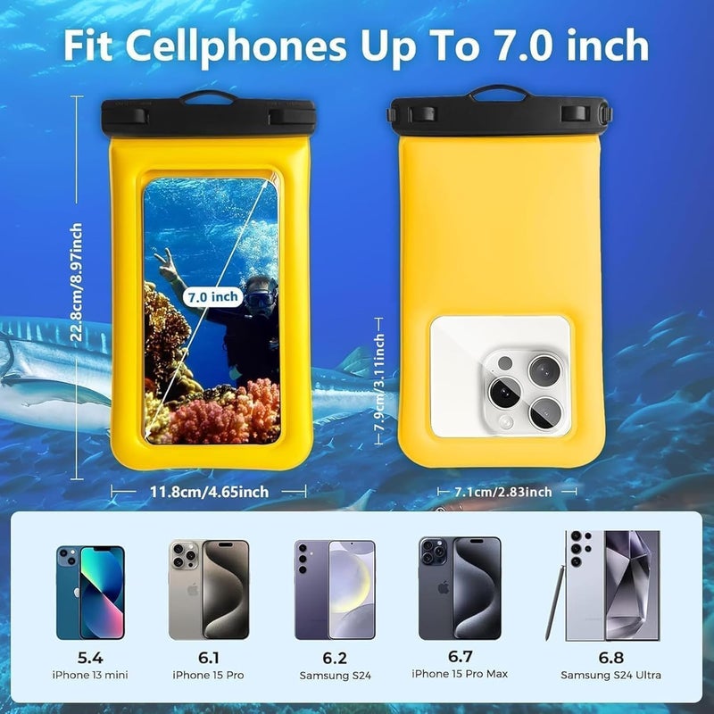 Foweroty Floatable Soap Bubble Waterproof Phone Pouch/Case with Crossbody Lanyard for iPhone 17 16 Pro Max/15 Pro/14/13/12, IP68 Cellphone Dry Bag Beach Cruise Ship Essentials, 1 Pack-Yellow-7″ - Image 3